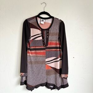 Women’s Abstract Fall Multicolor Long Sleeve‎ Tunic Blouse Top Size Small EUC